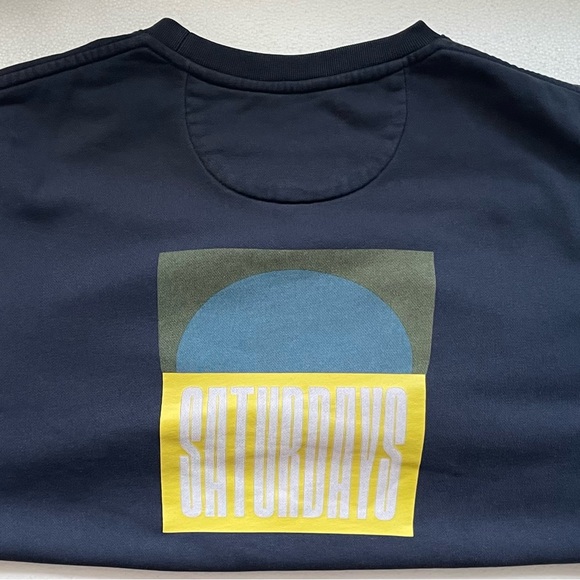 SATURDAYS NYC FRENCH TERRY BOWERY SUN GRAPHIC SWEATSHIRT NAVY BLUE BOYFRIEND - Picture 4 of 9